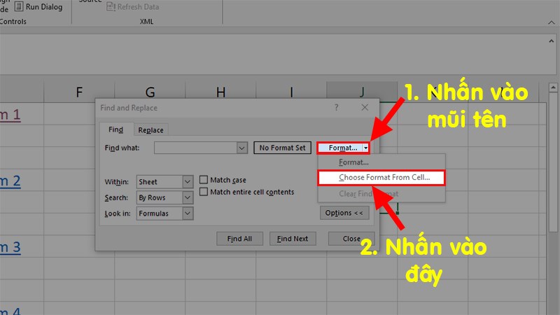 Nhấn vào mũi tên chỗ Format > Chọn Choose Format From Cell...